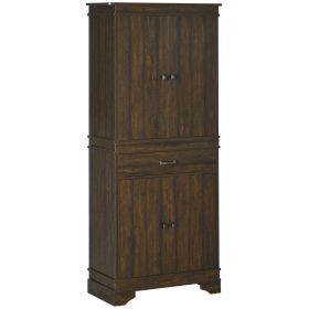72" Farmhouse Pantry Cabinet Walnut 4-Door Kitchen Storage with Drawer Shelves