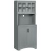 Freestanding Kitchen Pantry Cabinet, Tall Kitchen Storage Cabinet with Glass Framed Door and Microwave Space, Accent Kitchen Pantry, Gray