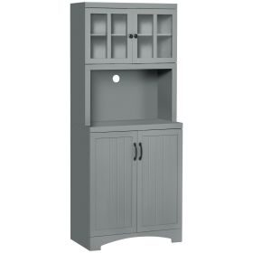 Freestanding Kitchen Pantry Cabinet, Tall Kitchen Storage Cabinet with Glass Framed Door and Microwave Space, Accent Kitchen Pantry, Gray