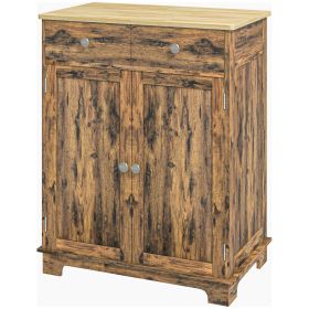 Sideboard Buffet Cabinet Brown Kitchen Coffee Bar Storage with Solid Wood Top Adjustable Shelf 2 Drawers for Living Room