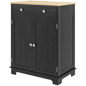 Sideboard Buffet Cabinet Black Kitchen Coffee Bar Storage with Solid Wood Top Adjustable Shelf 2 Drawers for Living Room