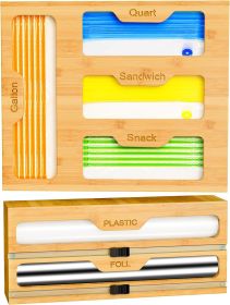 Bamboo Bag Storage Organizer - 2 Wrap Dispenser with Cutter & 4 Slots Food Storage Bags Container - Kitchen Drawer Plastic Bags Storage Organization