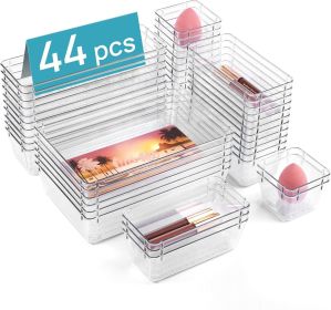 44 PCS Clear Plastic Drawer Organizers Set, 4-Size Versatile Bathroom and Vanity Organizer Trays, Non-Slip Storage Containers for Makeup, Jewelries,