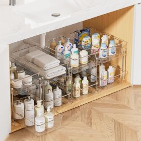 4 Pack Bathroom Organizer, 2 Tier Clear Under Sink Organizers Vanity Countertop Storage Container,Cabinet Drawers Bins, Pull-Out Organization with Tr