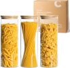 Glass Spaghetti Pasta Storage Container with Lids 2 Qt Set of 3, Tall Clear Airtight Food Storage Jar with Wood Cover Kitchen Pantry Storage Containe