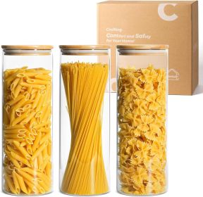 Glass Spaghetti Pasta Storage Container with Lids 2 Qt Set of 3, Tall Clear Airtight Food Storage Jar with Wood Cover Kitchen Pantry Storage Containe