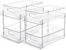 2 Tier Bathroom Storage Organizer, 2 Pack Clear Under Sink Organizers Vanity Counter Container, Cabinet Drawers Bins, Pull-Out Organization with Trac