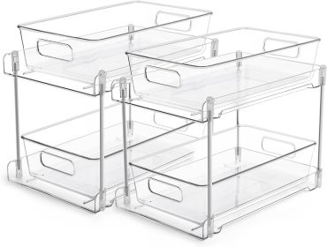 2 Tier Bathroom Storage Organizer, 2 Pack Clear Under Sink Organizers Vanity Counter Container, Cabinet Drawers Bins, Pull-Out Organization with Trac