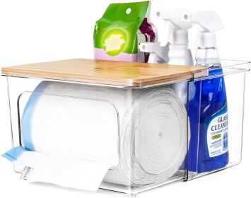Trash Bag Dispenser Under Sink Organizer, 2-in-1 Acrylic Trash Bags Holder with Bamboo Lid, Holds Large Rolls up to 100 Count, Garbage Bag Storage Co