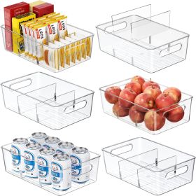 6 Pack Pantry Organizers and Storage,Clear Plastic Containers with 2 Dividers for Kitchen,Fridge Organization and Storage,Acrylic Bins for Pounches,S