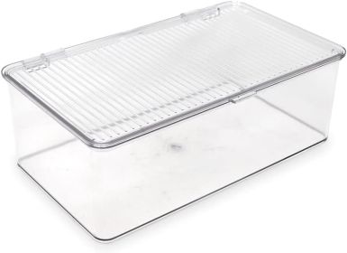 Medium Stackable Organizer Bin (10.75'x6.5'x3.7') w/ Hinged Lid, Clear Storage Box, Home, Office, School, Fridge, Bathroom, Kitchen, Pantry Container
