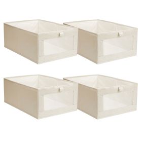 4Pcs Foldable Linen Clothing Storage Bin with Visible Clear Window Convenient Handle Multipurpose Collapsible Storage Basket Closet Fabric Container
