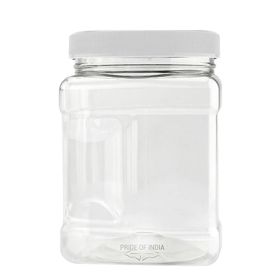 Pride Of India | Clear Food Grade PET Plastic Square Grip Storage Jar w/Cap 6 Jar Pack - 32 FL OZ (3-4 Cup Storage Capacity) | Airtight Seal & Easy H