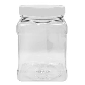 Pride of India | Clear Food Grade PET Plastic Square Grip Storage Jar w/ Cap | 6 Jar Pack - 64 Fluid Ounces 7-8 Cup Storage Capacity | Airtight Seal