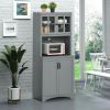 Freestanding Kitchen Pantry Cabinet, Tall Kitchen Storage Cabinet with Glass Framed Door and Microwave Space, Accent Kitchen Pantry, Gray