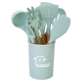 11Pcs Silicone Cooking Utensil Set Heat Resist Wooden Handle Silicone Spatula Turner Ladle Spaghetti Server Tongs Spoon Egg Whish Kitchenware Set w/ H (Option: LightGreen)