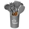 11Pcs Silicone Cooking Utensil Set Heat Resist Wooden Handle Silicone Spatula Turner Ladle Spaghetti Server Tongs Spoon Egg Whish Kitchenware Set w/ H