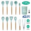 11Pcs Silicone Cooking Utensil Set Heat Resist Wooden Handle Silicone Spatula Turner Ladle Spaghetti Server Tongs Spoon Egg Whish Kitchenware Set w/ H